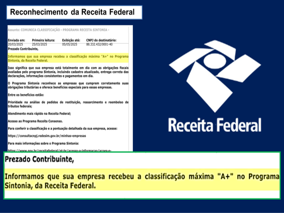 Comunicado da Receita Federal informando a classificação máxima A+ no Programa Sintonia